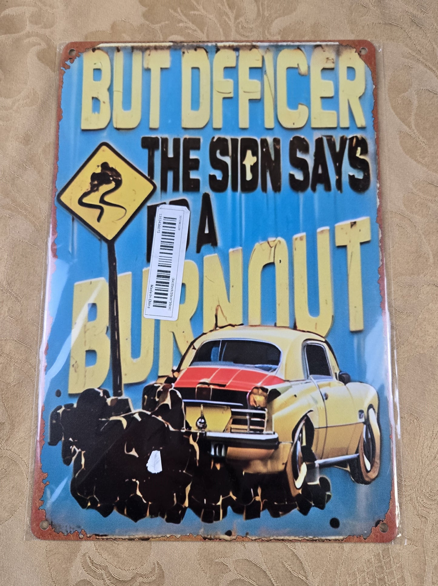 Blue "Burnout" Tin Sign