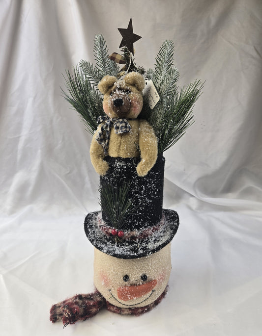 KFD7 - Muslin Snowman with Fuzzy Bear and Primitive Holiday Decor inside Top Hat