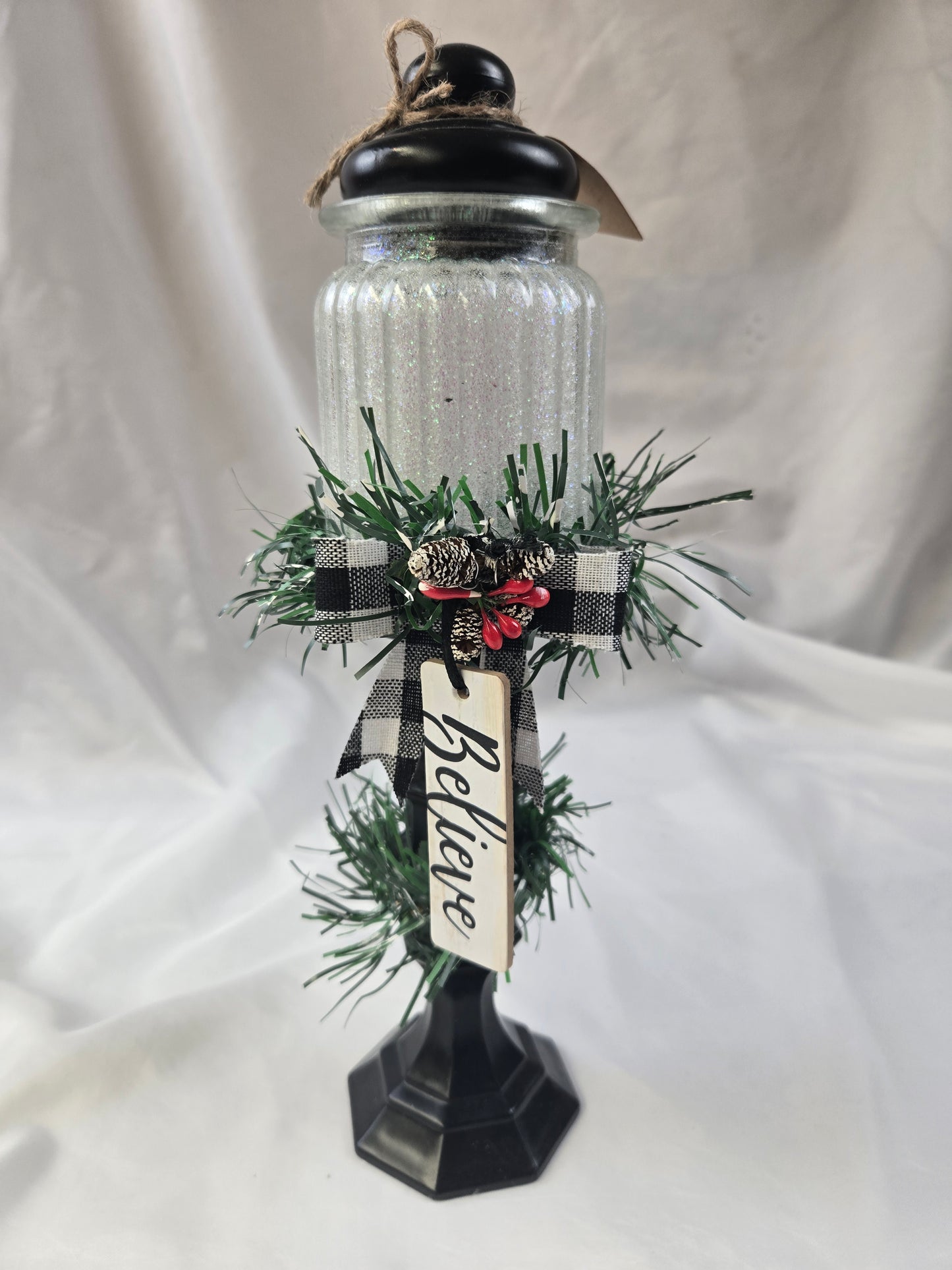 "Believe" Holiday Glitter Globe Black Stand