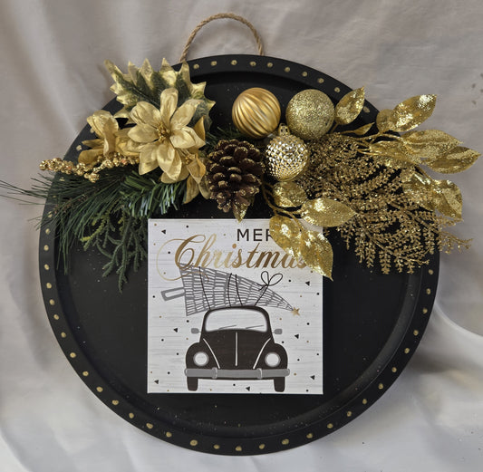 Vintage Style Black & Gold Hanging Decor w/VW Bug - "Merry Christmas"