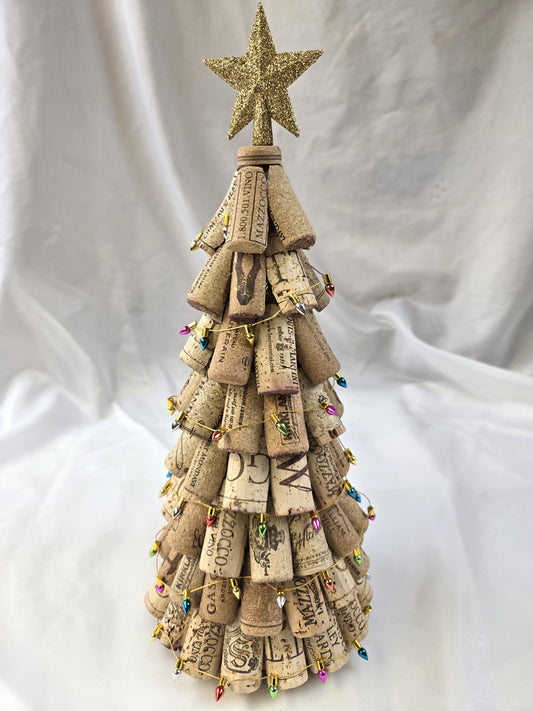 Cork Tree - With Tiny Faux Light Garland & Glitter Gold Star - 14" - JAW9