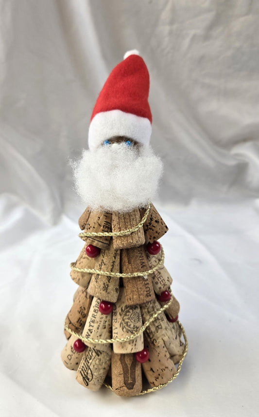 Cork Tree - With Santa Topper, Red Ball Ornaments & Gold Garland - 10" -JAW1