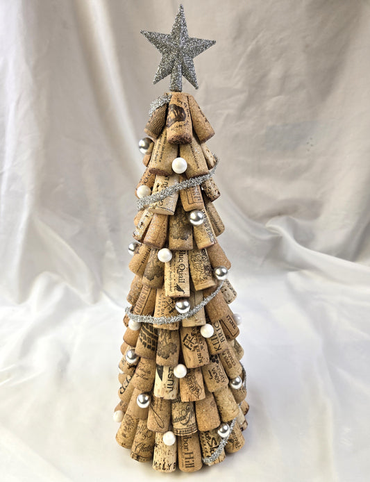 Cork Tree - With Silver & White Beads and a Glitter Silver Star - 16" - JAW6