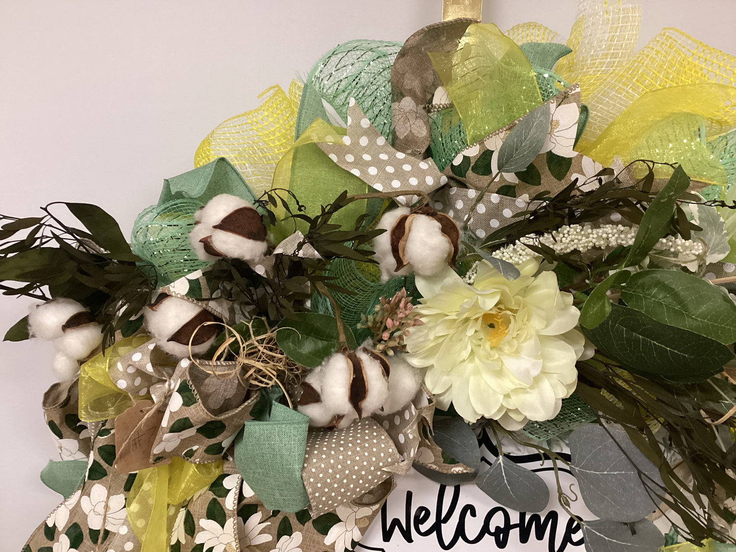 Welcome Wreath with Natural Accents and Ribbons