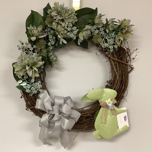 Spring Wreath with Metal Bunny and Succulents on Grapevine