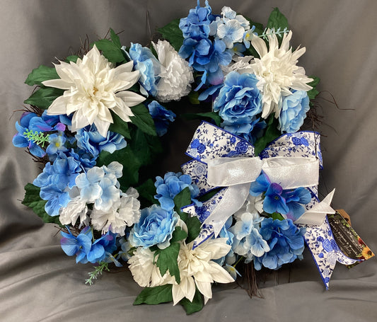 Blue and White Flowered Decorative Wreath