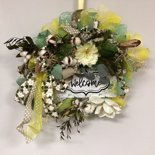 Welcome Wreath with Natural Accents and Ribbons