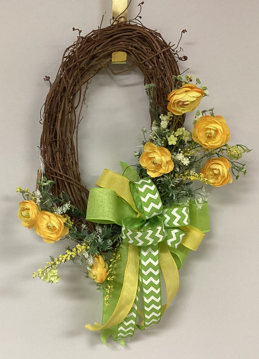 Decorative Wreath - Yellow Flowers w/Green Ribbon on Grapevine