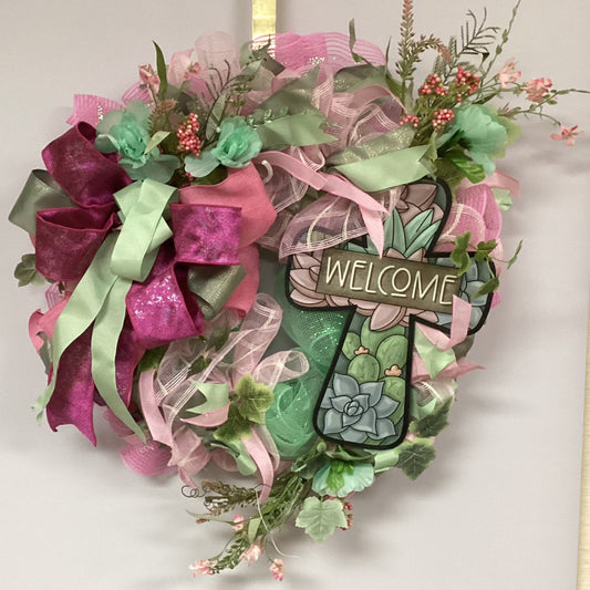 Welcome Wreath with Cross Accent